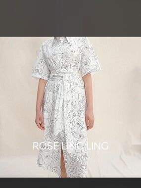 Roseling ling White Floral Midi Shirt Dress with Waist Tie